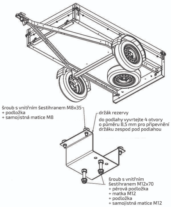 Univerzální držák rezervního kola na bočnici nebo pod ložnou plochu přívěsu _ pktechnik